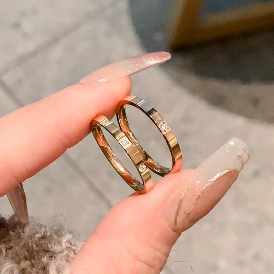 2pcs/Set Rose Gold Minimalist Cubic Zirconia Stainless Steel Rings For Women, Suitable For Daily Wear & Stacking - Ring Set - View 1