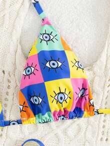 2 bộ đồ bơi bikini gợi cảm in họa tiết kẻ caro tối giản mùa hè có dây buộc sau lưng có thể điều chỉnh eo cho nữ - Màu xanh lam - Xem 4