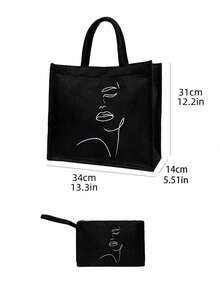 Bộ túi tote in hình mặt người với họa tiết đường nét trừu tượng, bao gồm túi tote và túi đựng mỹ phẩm, túi tote dung tích lớn có thể tái sử dụng, ví dây rút, túi mua sắm bằng vải bố, túi du lịch đi biển di động kèm túi đựng mỹ phẩm, thích hợp làm quà cưới, quà tặng cho phù dâu, sinh nhật, Ngày của Mẹ (Hướng dây rút ngẫu nhiên) - màu đen - Xem 9