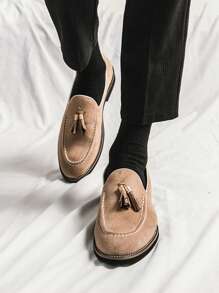 Men's Versatile Business Formal Shoes, Solid Color Casual Slip-On Loafers With Tassels