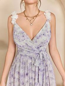 Mgiacy,New Arrival,V Neck,Tank,Printed,Elegant,Bridesmaid Dress,3D Floral,Ruffle,Chiffon,Long Dress - Mauve Purple - View 6