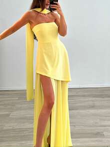 Women Tube Dress Strapless Thigh Split Asymmetric Maxi Dresses With Scarf