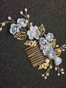 3 Stücke Braut Hochzeitskopfschmuck, blauer Blumen Haarkamm, perlenbestickter Strass Samt Blumen Haarschmuck für Braut