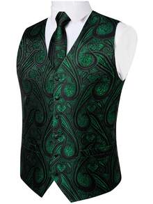 Mens Dress Vest Jacquard Paisley Floral Suit Vest And Tie Set Forma Waistcoats Wedding - Màu xanh lá cây đậm - Xem 4