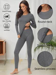 2pcs Women Casual Seamless Comfortable Solid Color Crew Neck Long Sleeve Top And Leggings Thermal Underwear Set, Autumn/Winter