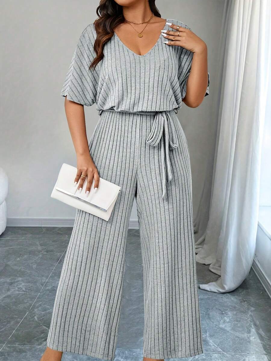 Plus Size V-Neck Short Sleeve Loose Jumpsuit, Casual Outfit For Outing