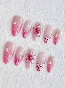 10Pcs Handmade Acrylic Press On Nails Flakes Almond Shape Pure Handcrafted Super Beautiful High-Grade Gentle Multi-Color French Smudging Hand Pinch Three-Dimensional Flowers Hand-Painted Shell Pattern Flower Drop Water Ripple With Small Gold Beads Wearing Nail Suitable For Girls And Women Nail Supplies Nails