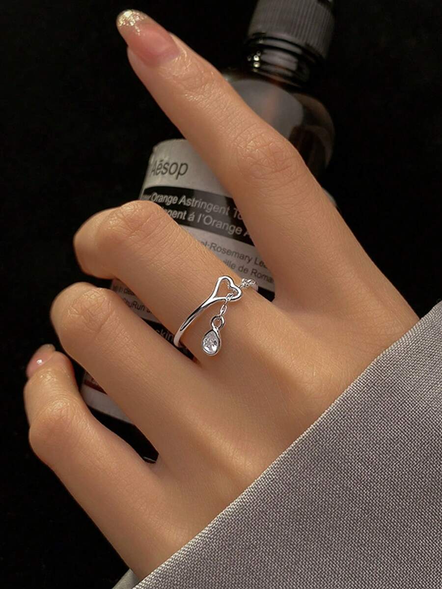 BALMORA 1 Piece Of Versatile S925 Sterling Silver Water Drop Cubic Zirconia Ring With Hollowed Out Heart Ring For Women's Daily Fashion Party Outfits