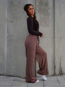 SAYEHFBABY 2pcs/Set Solid Color Long Sleeve Bodysuit And Drawstring Pants, For Autumn - Apricot - View 3