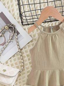 Young Girl' Sleeveless Ruffled Hem Solid Color Camisole & Pants Casual Outfit, Summer