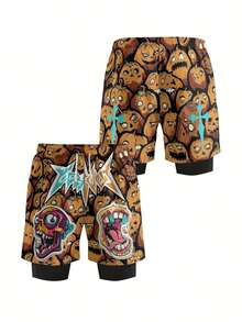 Shorts de playa de secado rápido para hombres con estampado - Doble capa 2 en 1, pantalones cortos informales y de natación, moda urbana - Amarillo - Ver 1