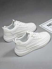 Primavera y verano nuevo bajo grueso fondo de los hombres casuales zapatos deportivos, la moda antideslizante resistente al desgaste con cordones zapatos para correr, color sólido ligero transpirable zapatos cómodos tenis de los hombres - Blanco - Ver 5