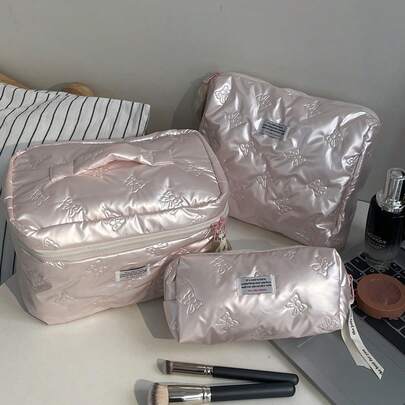 1个/2个/3个装大号粉色蝴蝶结化妆包，女士化妆品收纳袋，便携式旅行化妆包，多功能收纳包，可装化妆品、洗漱用品、护肤品，适合度假、演出、派对、居家及浴室使用。
