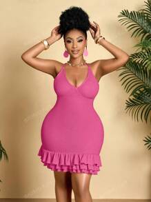 BIUBIU Vestido holgado de mujer talla grande talla en unicolor, sexy, con cuello halter y escote bajo, ajustado a la cadera, un básico para los viajes a Hawái, apropiado para citas de vacaciones