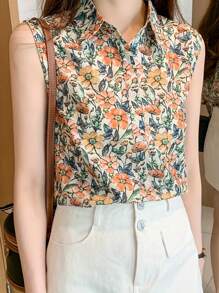 Women's Vacation Floral Print Sleeveless Button Front Casual Shirt