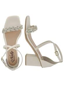 Women's Sandals High Heel Thick Casual Rhinestone Closed Back Braided Stones - Off - View 5