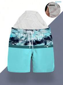 Shorts de verano para hombre con estampado impreso, cintura con cordón, bolsillo en ángulo, de secado rápido de doble capa con forro de malla, estampado colorblock 3D de gaviota, casual y de playa de longitud a la rodilla para vacaciones