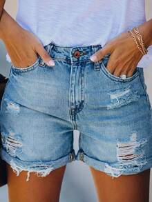 Women's Denim Shorts Summer Stylish Ripped Design Slim Fit Mid Rise Jean Shorts - màu xanh da trời - Xem 5