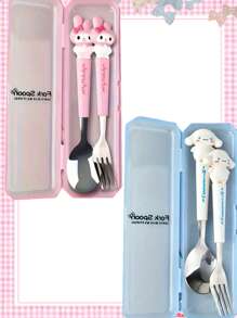 Sanrio (Authorized) Sanrio 2 Pieces Cute Cartoon Stainless Steel Portable Tableware Set, Children's Tableware, Student Outdoor Travel Spoon And Fork 2 Pieces Set, Suitable For Various Scenarios And Suitable For Various Festival Gifts(The Cutlery Box Can Be Disassembled Or Non Disassembled And Randomly Distributed),School Supplies