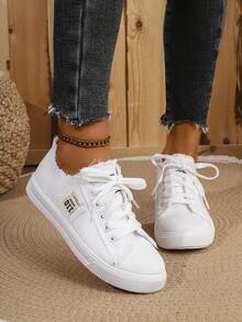 RALSWNAY 女士帆布鞋，新款春季学生平底运动鞋 - 白色 - 查看 5