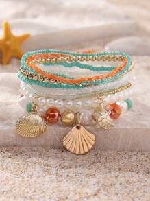 Conjunto de 8 pulseiras coloridas estilo boêmio com contas, pérolas artificiais, vieiras e tartarugas - adequado para mulheres, uso casual diário, praia, uso para festas, presente adorável