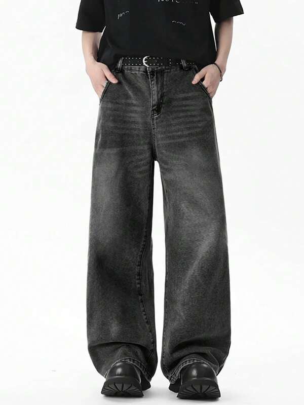 1pc Men's Fashion Loose Retro Vintage Washed Wide-Leg Versatile Denim Pants