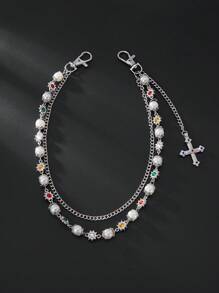 1 pieza Cadena de cintura con cruz de estilo punk imitando perlas, incrustada con rhinestones de colores, accesorio de Charm para hombres, joyería para pareja, regalo para vacaciones