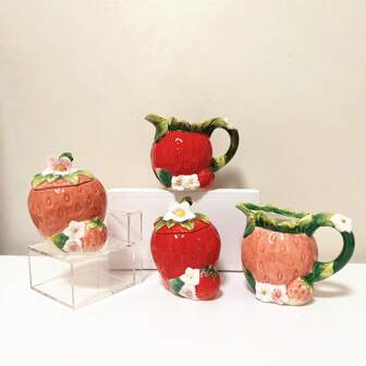 Elegante azucarera y lechera de cerámica con diseño a mano de fresas rojas y rosas, adecuado para café, casa de té, fiestas y decoración de cocina/comedor, regalo perfecto para el Día de San Valentín, Día de la Madre, Navidad y cumpleaños, útiles escolares