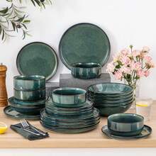 vancasso 24-Piece Tableware Set Made Of Green, Kiln-Fired Ceramic With Modified Glaze, Consisting Of 6 Dinner Plates, 6 Dessert Plates, 6 Pasta Bowls, And 6 Cereal Bowls For 6 People - 綠色 - 查看 7