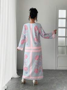 Solessence 奢华阿拉伯风格长袍，宽松圆领长袖，轻盈透气，优雅休闲度假长袍，传统阿拉伯服装，节日礼服 - 藍色 - 查看 2