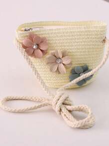 2pcs/Set Girls Summer Lace Trim Sun Hat And Flower Pendant Handbag Set, Suitable For Daily Use