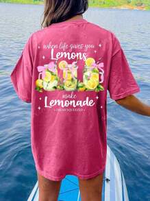 Summer Beach Vacation Printed T-Shirt, When Life Gives You Lemons Funny Lemonade T-Shirt, Vintage Floral Lemon Print Women Round Neck Short Sleeve T-Shirt, Casual Must-Have With Fashionable Holiday Vibe, Spring/Summer