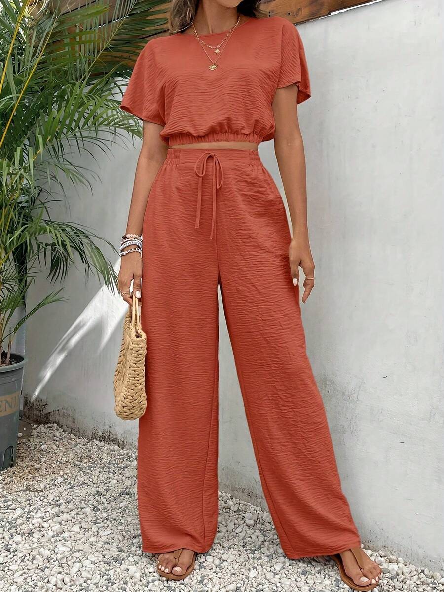 Conjunto De Dos Piezas Para Mujer De Color Sólido Con Manga Murciélago Y Pantalones Rectos Cortos - Naranja - Ver 1