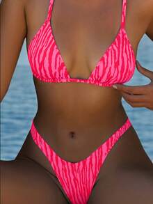 Randigt tryckt badkläder för kvinnor för sommardagar, från poolen till stranden, vardagliga mini triangelbikinis med fräckt strandplagg - Skrikrosa - Visa 1