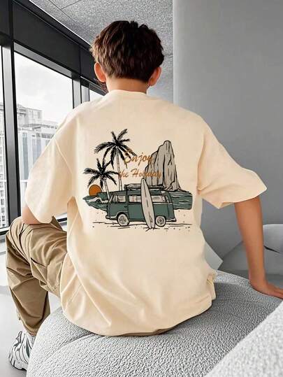 1 件青少年男孩复古汽车和海洋图案 T 恤，适合儿童夏季上衣、青少年衬衫