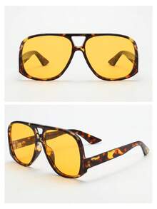 1pc Unisex Square Large Frame High-Quality Stylish Glasses, Suitable For Driving, Casual, Holiday Travel, Party And Daily Use - Tortoise Shell Frame Yellow Film - View 4
