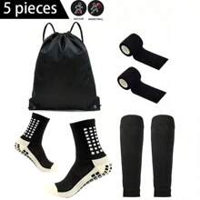 5pcs/Set Football/Soccer Accessories Set, Includes Waterproof Drawstring Bag, Non-Slip Football Socks, Leg Sleeves, Self-Adhesive Sports Bandages, Youth Sports Training High Leg Sleeves