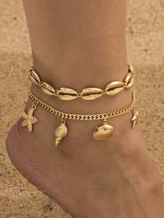 1pc Fashionable Multi-Layer Chain & Shell Anklet For Women, Summer Island Holiday Gift