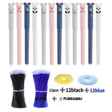 12 piezas Bolígrafo de pegamento borrable con diseño de animales lindos, tamaño mediano, recargable y lavable, tinta azul/negra de 0.5mm, plástico, para útiles de oficina y escolares, estilo aleatorio de vuelta a clases