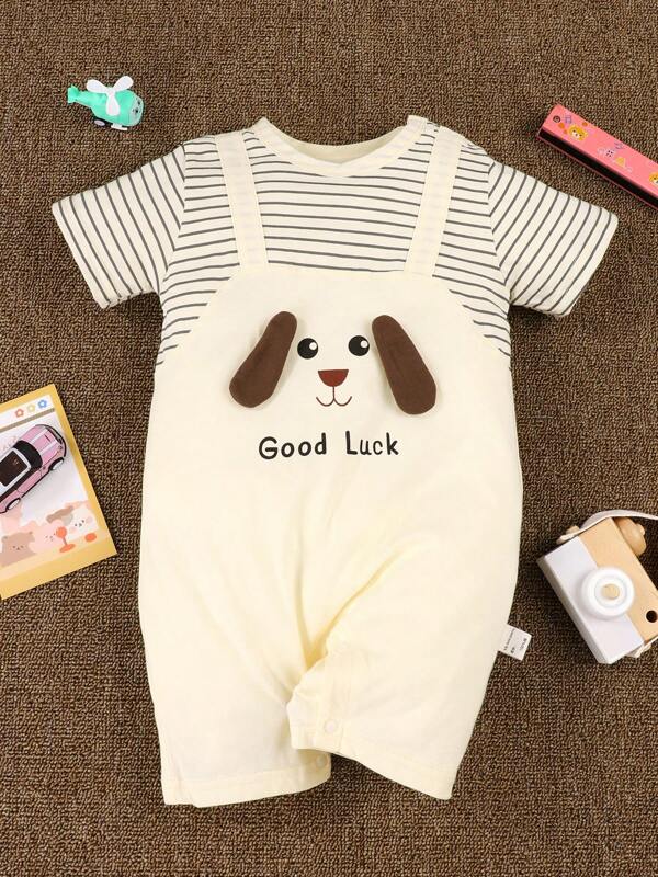 1pc Infant Baby Romper, 3D Dog Graphic Printed Newborn Jumpsuit/Jumpsuit, 100% Cotton Short Sleeve Sleepwear For Home & Outdoor Use, Suitable For Boys & Girls