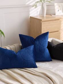 1/2 Pcs Plush Plush Decorative Throw Pillow Cover, Geometric Quilted Cushion Cover, Fluffy Soft Solid Color Rectangular Pillow Sham - Black - View 5