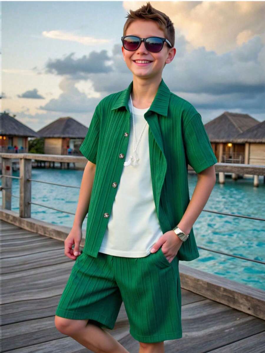 男童休闲波浪纹理短袖衬衫和短裤套装，轻盈透气纯色，适合春夏季 - 綠色 - 查看 1