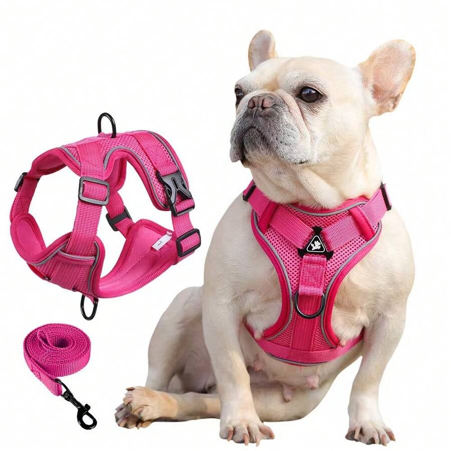 No Pull Dog Harness And Leash Set Adjustable Pet Harness Vest For Small Dogs Cats Reflective Mesh Dog Chest Strap French Small Bulldog Rose Red