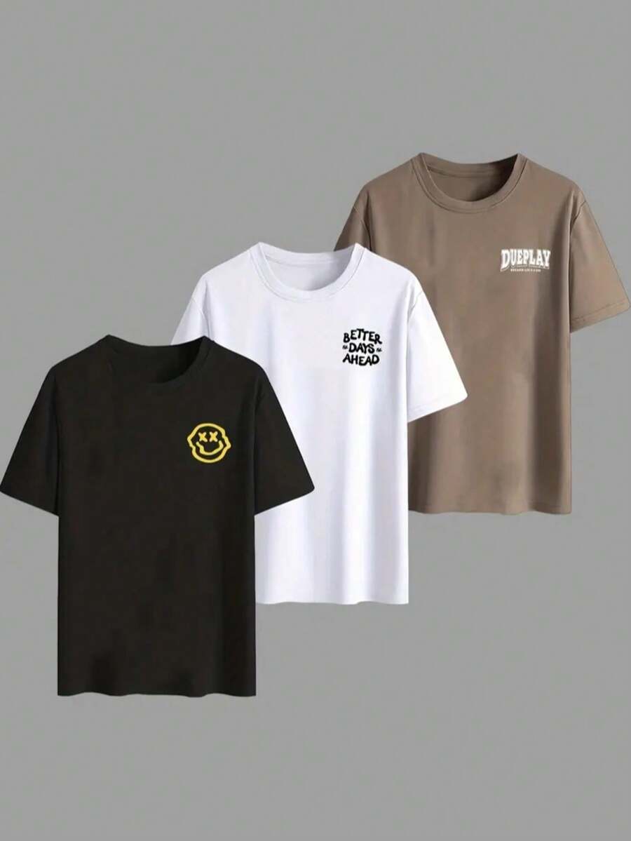Kit 3 Men's Printed T-Shirts Front/Back Design Dueplay Better Days Shirts Fashion Style Streetwear Skater - Đen/Trắng/Khaki - Xem 1