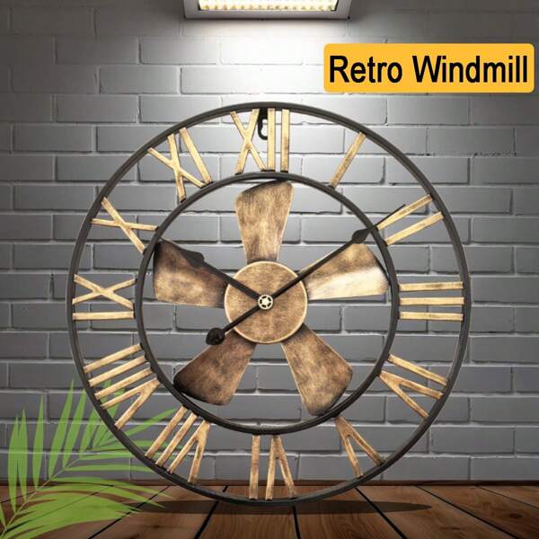 1 pièce Horloge murale vintage de grand moulin à vent en métal doré de style européen, multiples tailles, mécanisme silencieux, pour utilisation intérieure et extérieure et décoration de jardin, décor de chambre, décor de dortoir, retour à l'école, décor scolaire, surprise scolaire