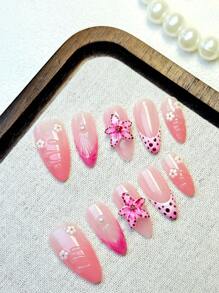 10Pcs Handmade Acrylic Press On Nails Flakes Almond Shape Pure Handcrafted Super Beautiful High-Grade Gentle Multi-Color French Smudging Hand Pinch Three-Dimensional Flowers Hand-Painted Shell Pattern Flower Drop Water Ripple With Small Gold Beads Wearing Nail Suitable For Girls And Women Nail Supplies Nails