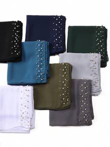 1 Peça Xale Longo de Chifom Elegante com Detalhes de Outono, Lenço Respirável Tradicional, Xale com Pedras de Pérola para Mulheres Muçulmanas