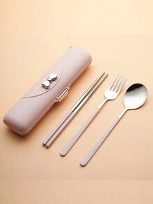 3 件套不锈钢餐具套装，包括勺子、叉子和筷子，方便学生和户外使用的餐具，带蝴蝶结装饰，厨房，节日礼物，返校礼物，工作礼物，早午餐，多功能，耐用，装饰性，可重复使用，精致，时尚，高品质，色彩鲜艳，现代，定制，个性化，独特，情人节，母亲节，生日，父亲节，毕业典礼，婚礼，乔迁