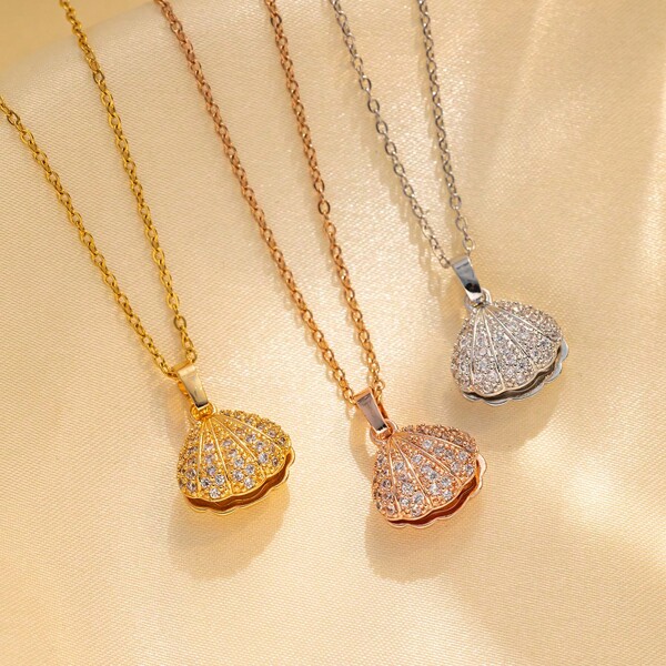 1pc Stainless Steel Rhinestone Fan-Shaped Openable Shell Pearl Pendant Necklace, Personalized DIY Jewelry For Women