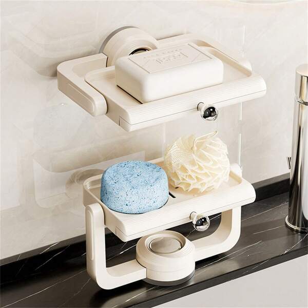 Rotating Suction Cup Soap Dish, Bathroom Soap Holder, Countertop Or Mountable, Draining Rack For Sponge And Brush, Storage Box Back To School